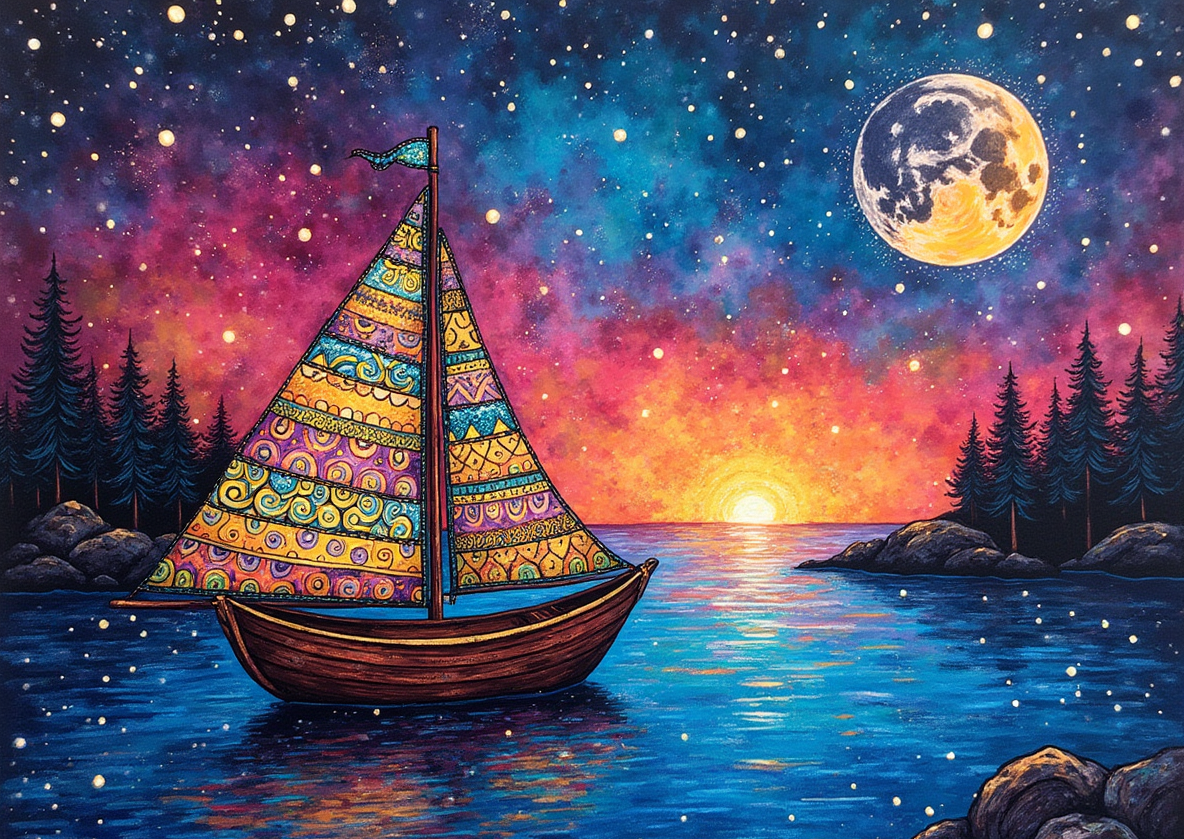 Illuminated Wall Art - Colourful Boat in Moonlight 1 - Illuminart